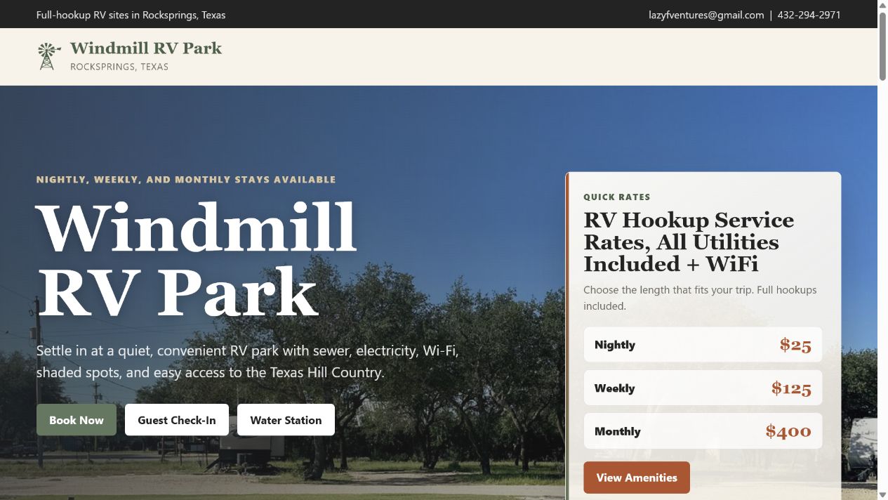 Windmill RV Park website homepage